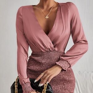 NWOT RARE Karlie Smocked Satin Ruffled Mini Dress in Muave Size S